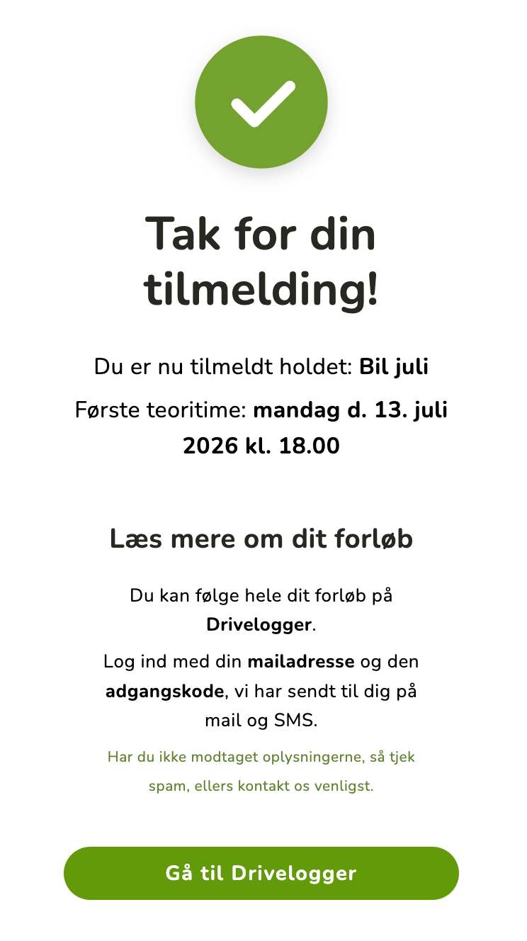 Bekræftelse: tak for din tilmelding, med holdstart og login-info
