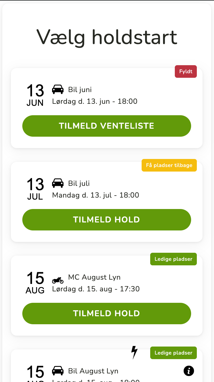 Elev vælger holdstart fra liste over hold