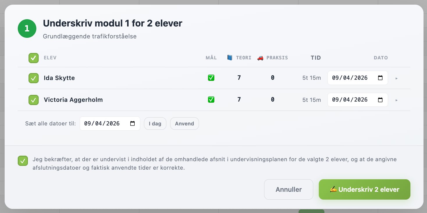 Underskriv et helt modul for flere elever på én gang